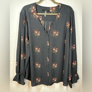 T Tahari Woman Floral Polka Dot Blouse Gray Long Sleeve V-Neck Plus Size 3X